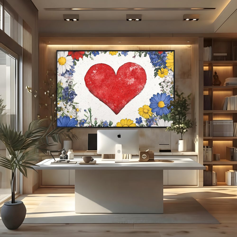 Tablou canvas cu tablou canvas cu inima rosie si flori, in rama de aluminiu negru, pe perete intr-un birou